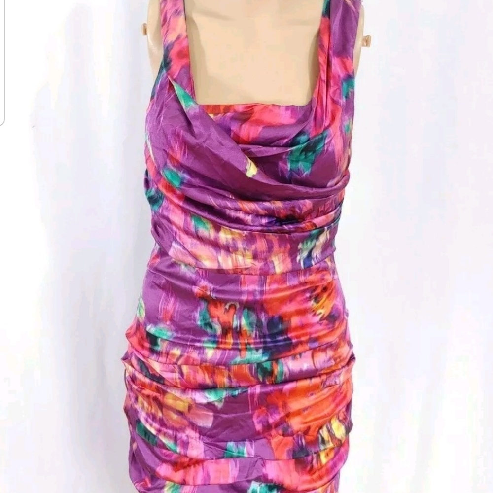 Express Ruched Cocktail Dress Silk Watercolor